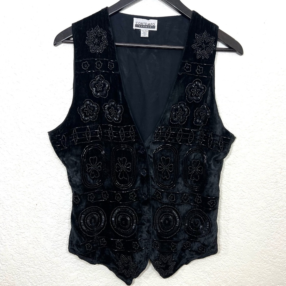 Vintage 90’s Contempo Casuals Black Velvet Beaded Vest Boho Size L